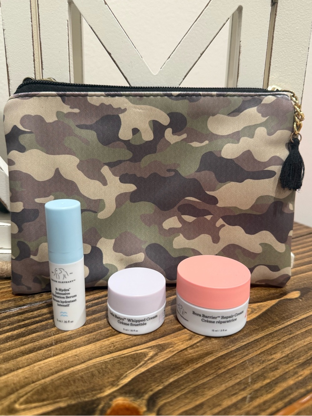 Drunk Elephant travel bundle w/ Camouflage Zip Pouch